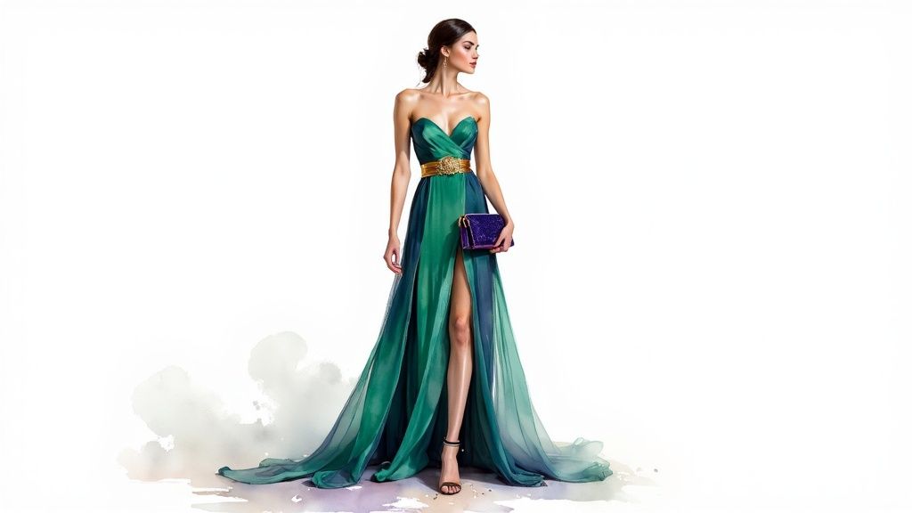 Woman wearing elegant emerald green strapless gown with gold belt and high slit