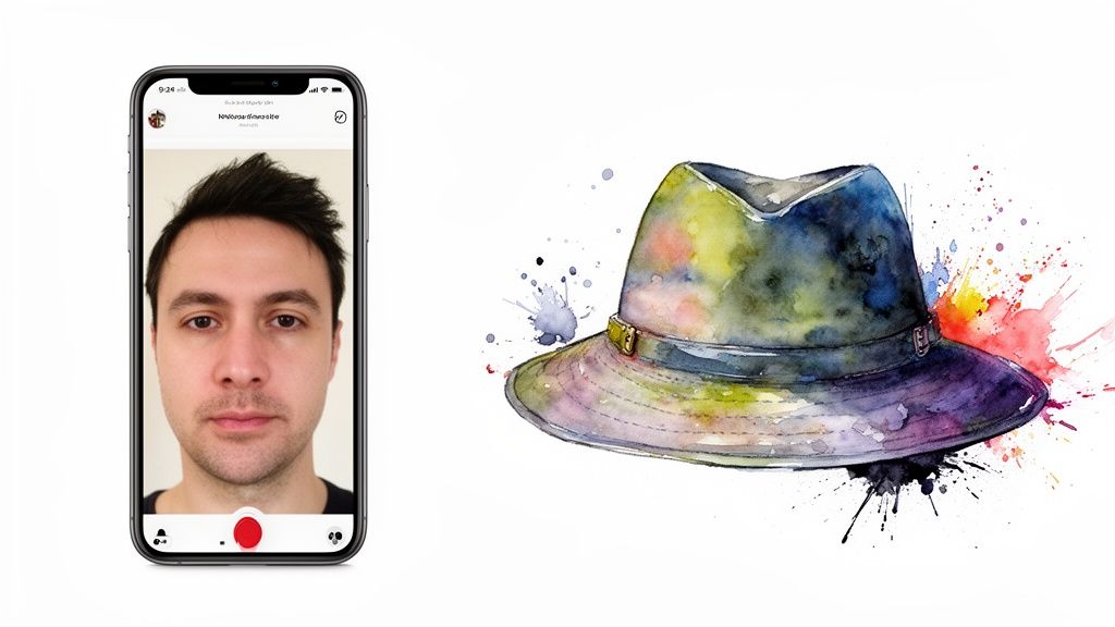 A smartphone displaying a man's face and a vibrant watercolor painting of a multi-colored fedora.
