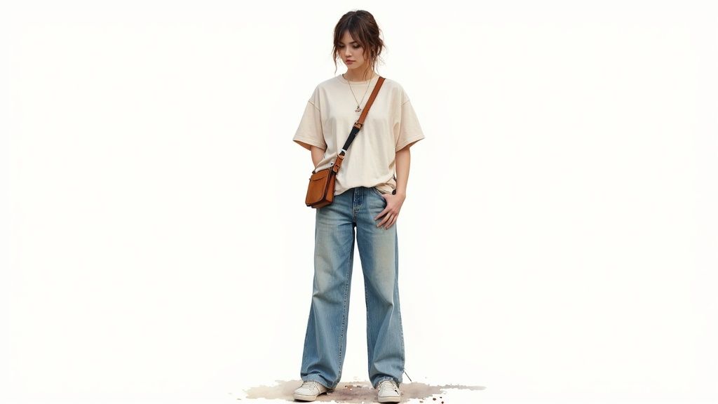 A young person models a casual outfit: oversized beige tee, wide-leg jeans, and a brown shoulder bag.