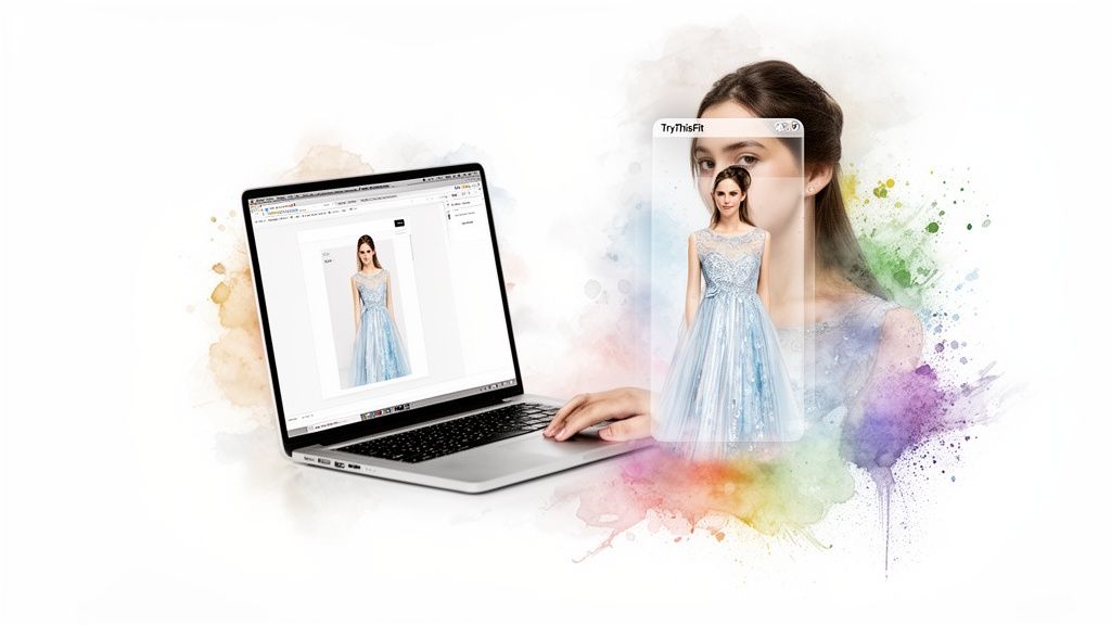 Woman uses laptop for virtual try-on of a light blue dress, enhanced with colorful watercolor art.