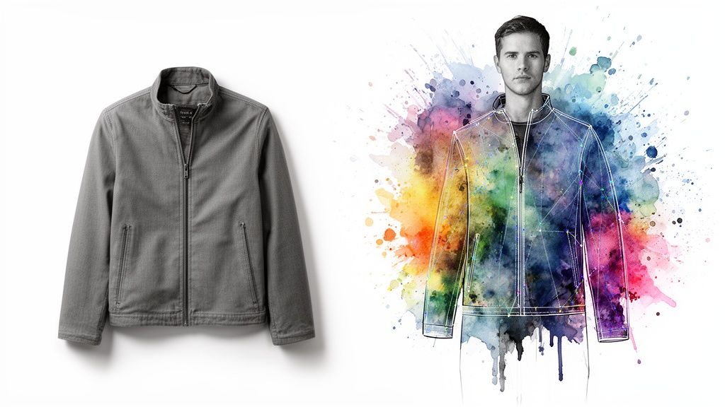 A gray zipper jacket on the left, next to a watercolor sketch of a man wearing a jacket.