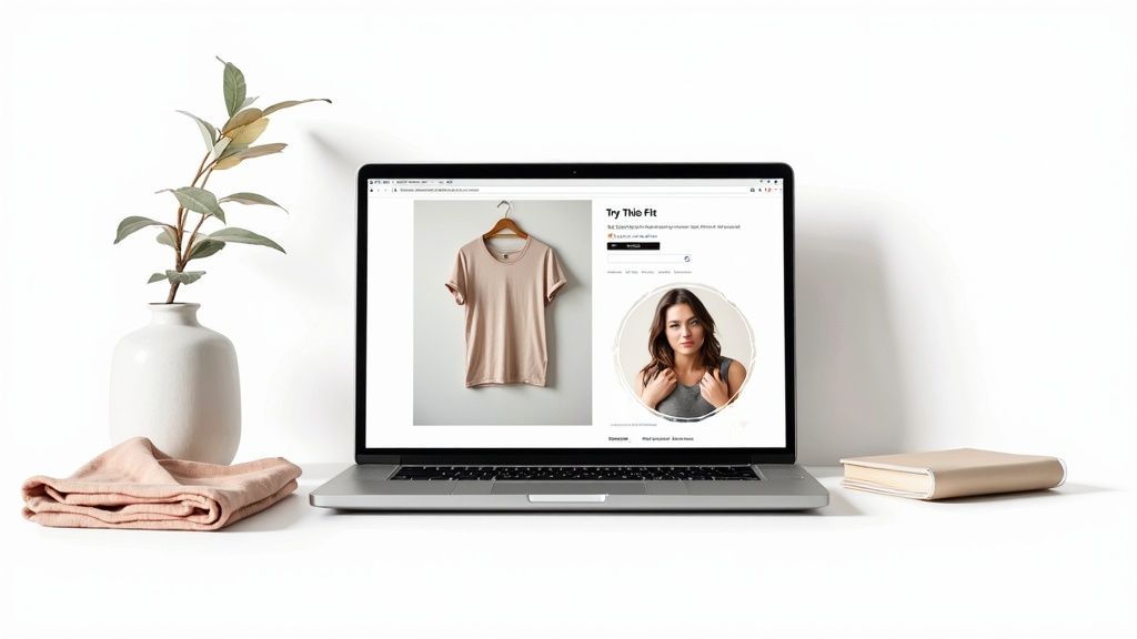 A laptop displays a virtual dressing room interface with a t-shirt and a model, surrounded by office decor.