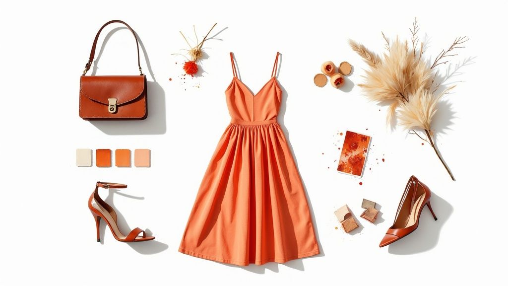 Flat lay photography of coral dress with matching accessories, handbag, shoes, and dried flowers arrangement