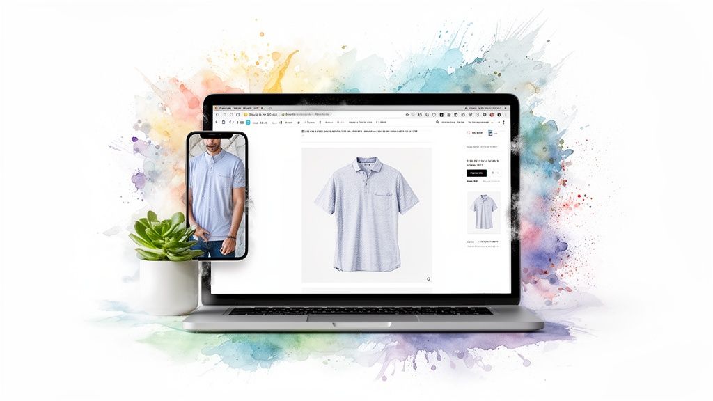Laptop and smartphone showing a clothing e-commerce website with a light blue polo shirt.