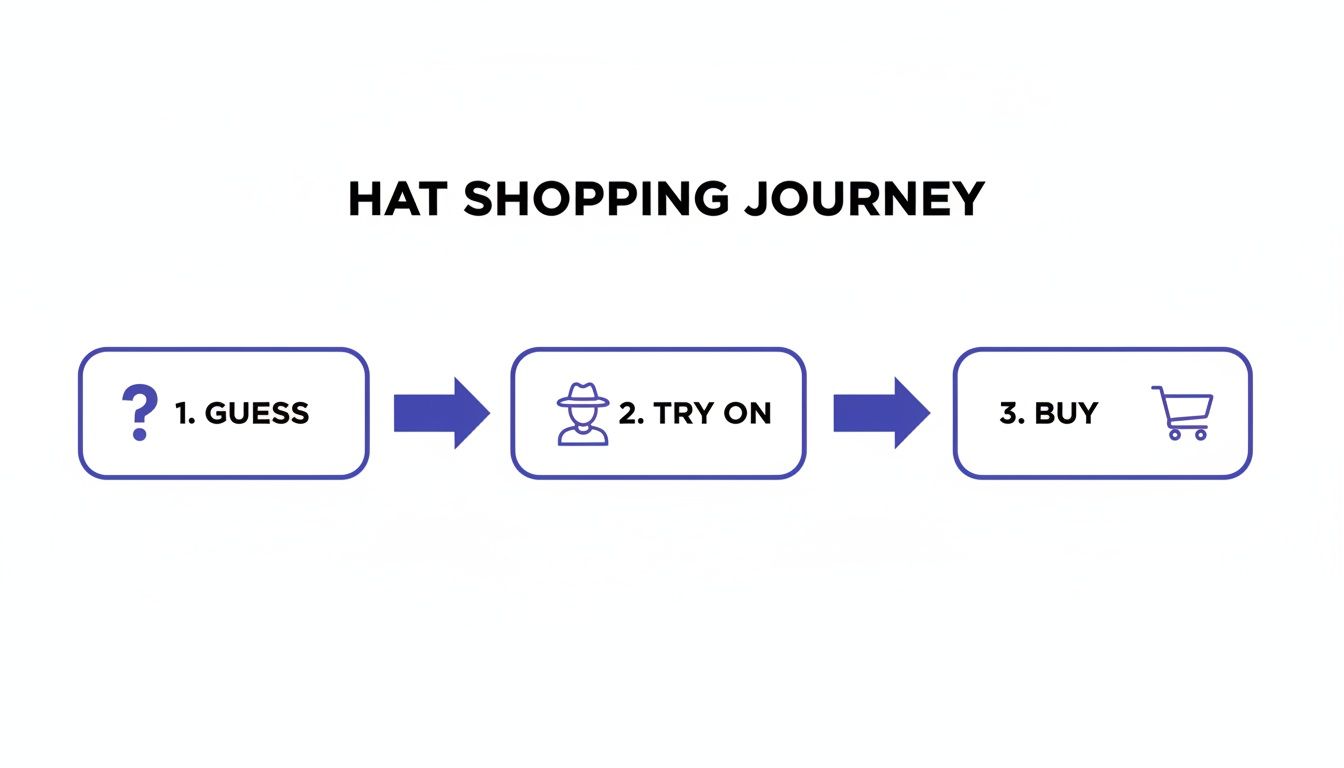 Flowchart showing a hat shopping journey: guess, try on, and buy steps.