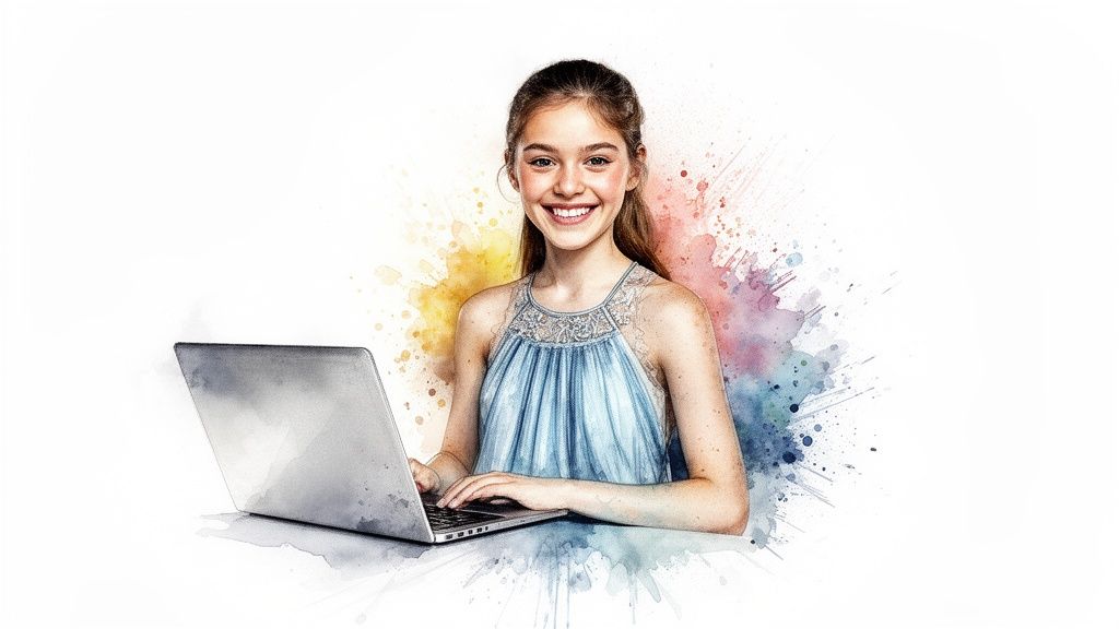 Smiling young girl in a blue top using a laptop, surrounded by colorful watercolor splatters.