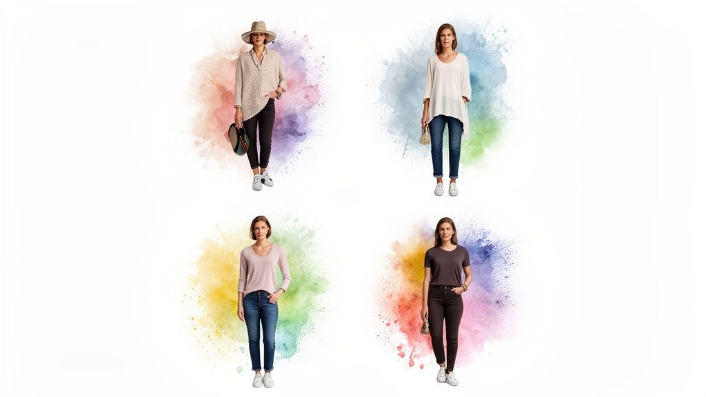Four women presenting various casual fashion outfits against vibrant watercolor backgrounds.