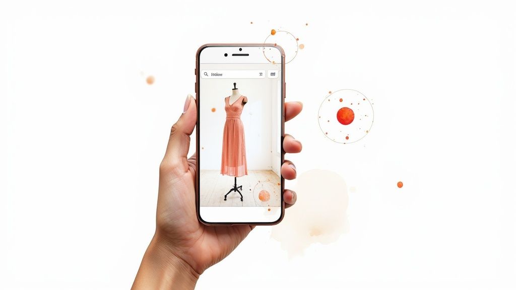 Hand holding a smartphone displaying a coral dress on a mannequin, symbolizing online clothing search.