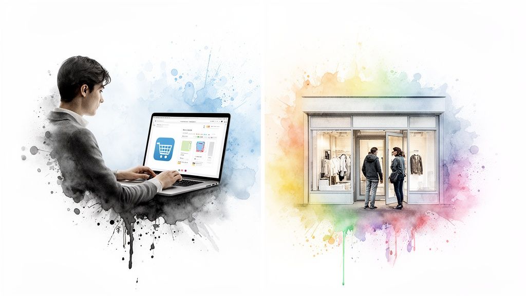 A watercolor illustration comparing online shopping on a laptop with two people entering a physical store.