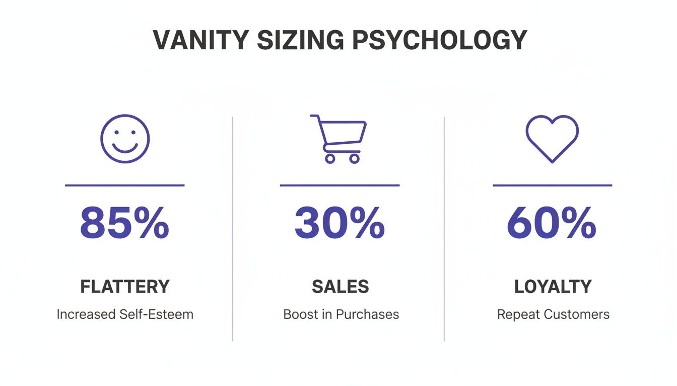 Infographic showing the psychology of vanity sizing, with metrics on flattery, sales, and customer loyalty.