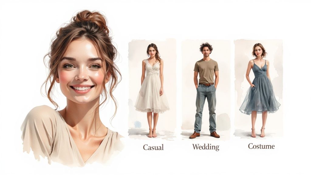 Smiling woman and diverse models showcasing casual, wedding, and costume attire options.