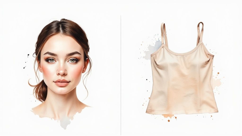 Digital illustration of a woman's face and a nude camisole on a white background.
