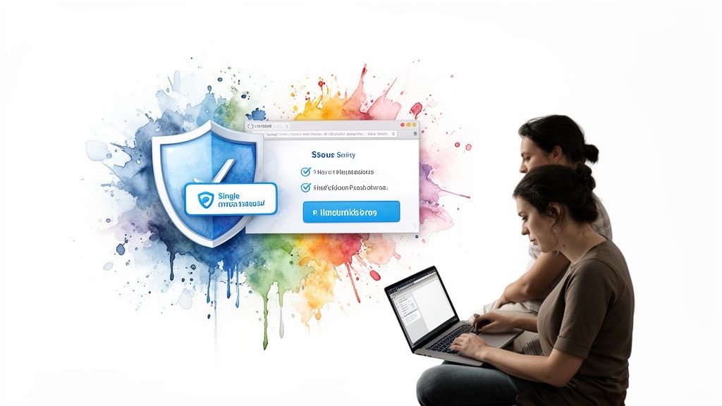 Two women use a laptop, with a security shield and browser window displayed over colorful splashes.