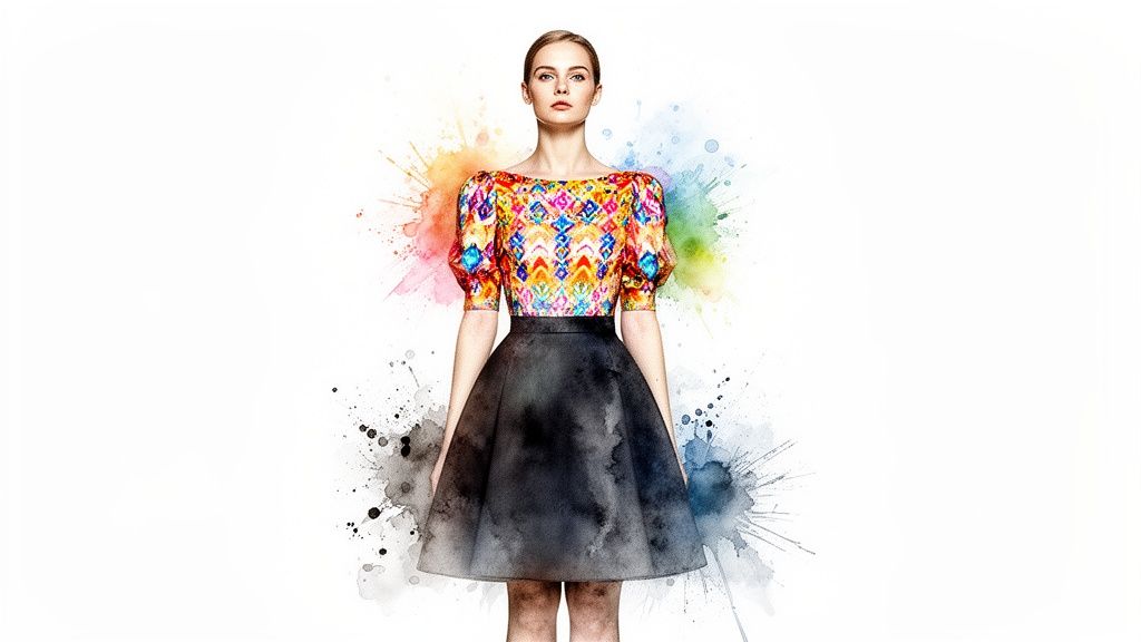 A woman models a vibrant patterned top with puff sleeves and a black flared skirt.