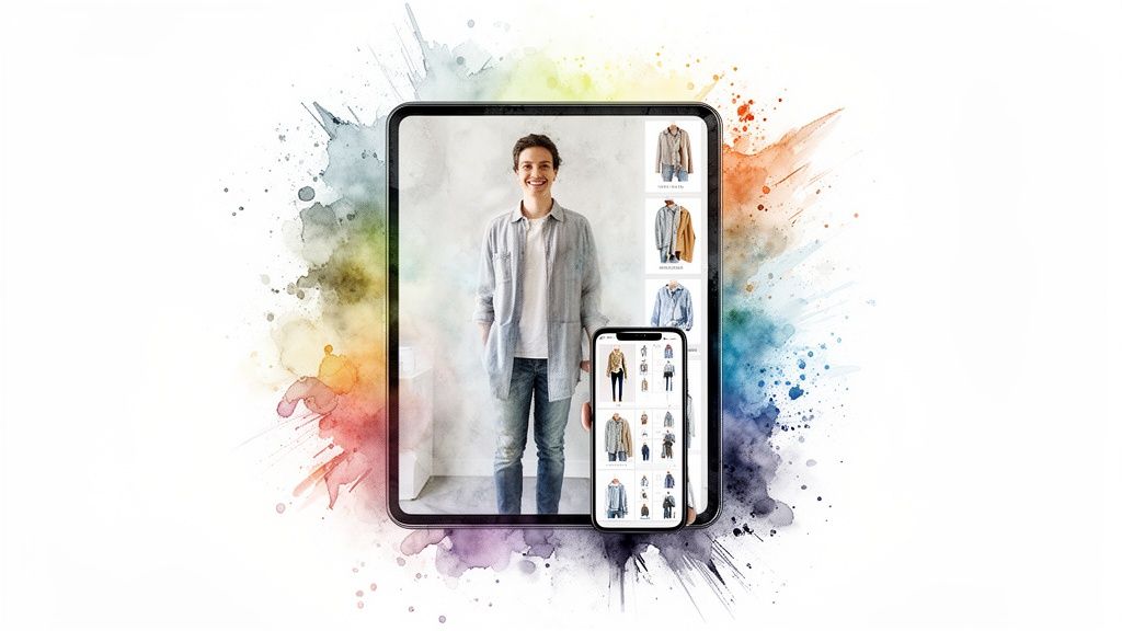 A virtual try-on app on a tablet and smartphone showing a person trying different clothes.