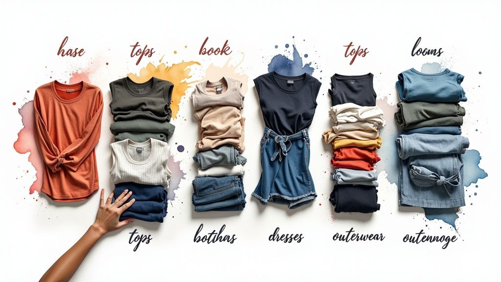 A colorful collection of folded clothing items, including tops, dresses, and pants, with watercolor accents.