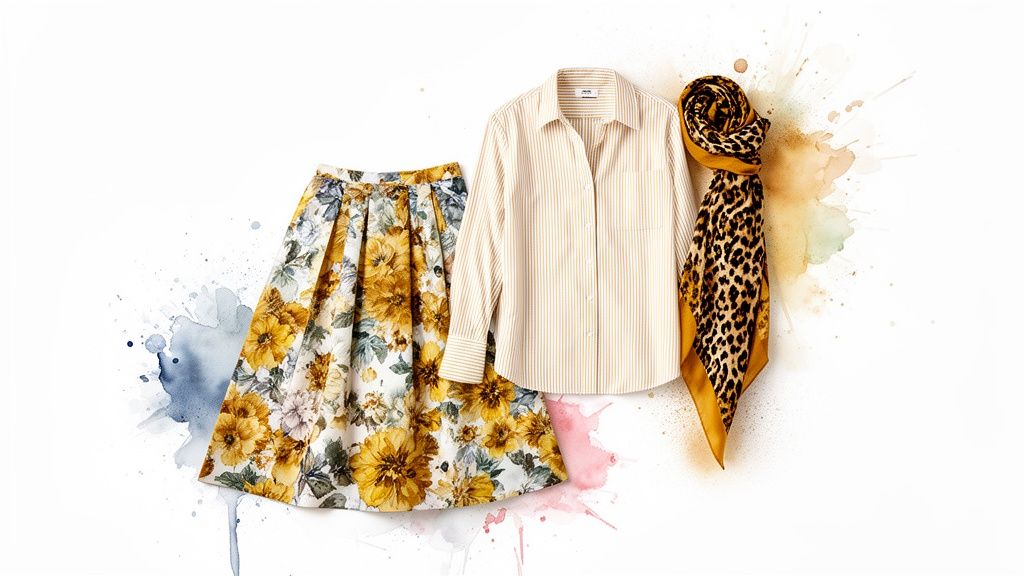 A vibrant floral skirt, a striped shirt, and a leopard print scarf displayed with watercolor art.