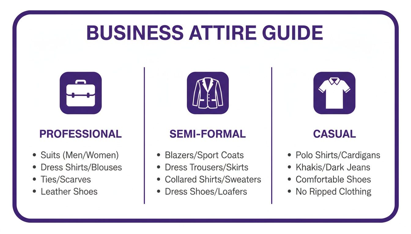 A comprehensive business attire guide outlining professional, semi-formal, and casual dress codes with examples for each.