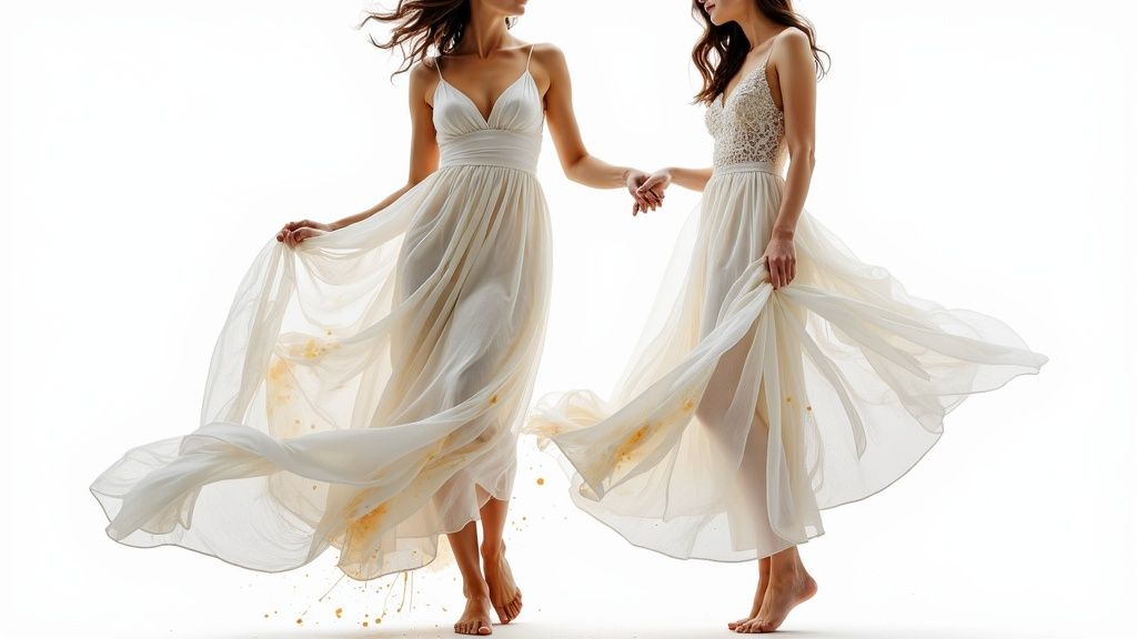 Two women in flowing white dresses hold hands, barefoot, with gold splashes.