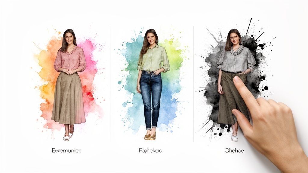 Three women showcasing different clothing styles on watercolor backdrops, with a hand pointing at one.