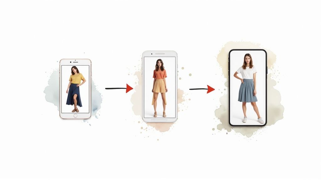 Three smartphones demonstrate virtual clothing try-on, with a woman wearing different outfits on each screen.