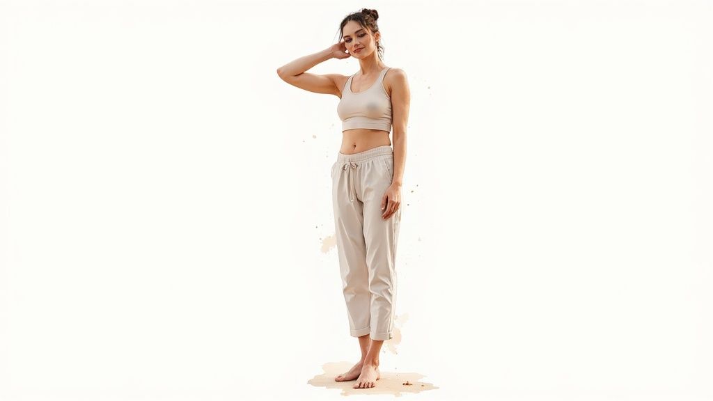 Woman wearing beige activewear set with crop top and jogger pants standing barefoot
