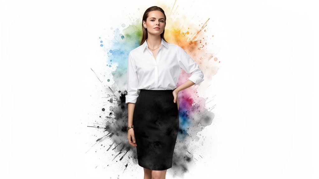 A stylish woman in a white button-up shirt and black skirt against a vibrant watercolor splash background.