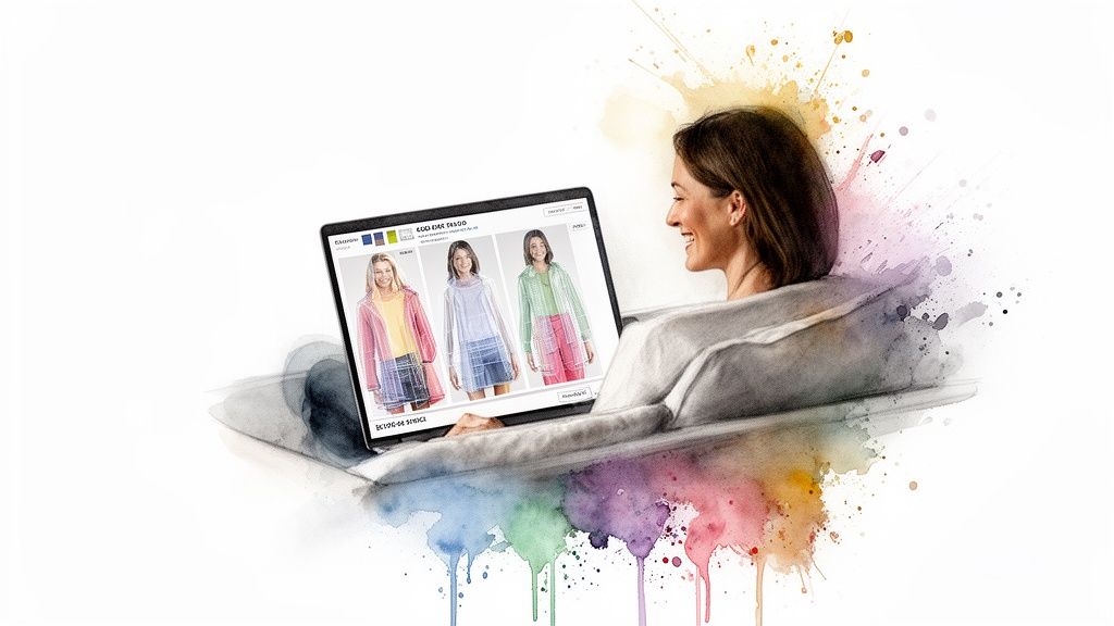 Smiling woman happily uses a laptop displaying a virtual dressing room with different outfits.