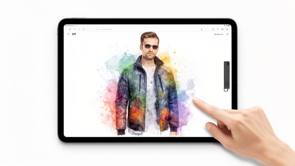 A hand touches a tablet displaying a colorful watercolor illustration of a man in a jacket.