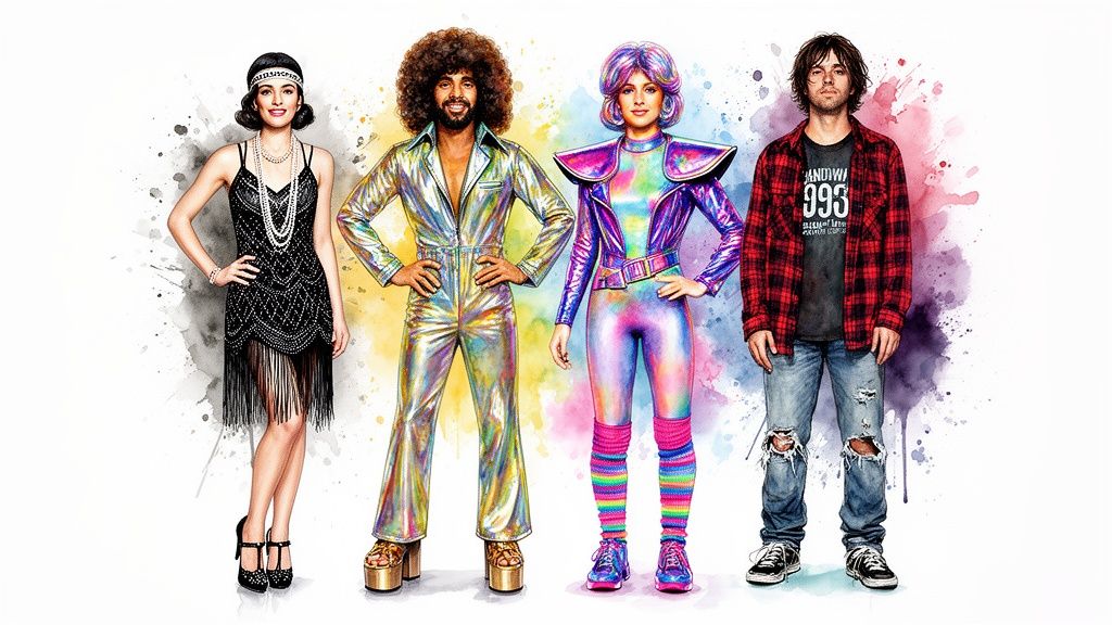 Four people dressed in costumes from different decades: 1920s flapper, 1970s disco, 1980s retro, and 1990s grunge.