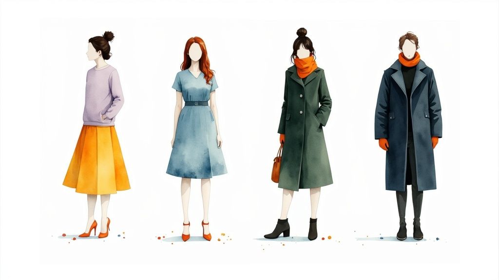 Four watercolor illustrations of women showcasing diverse fashion outfits with complementary colors like orange and blue.