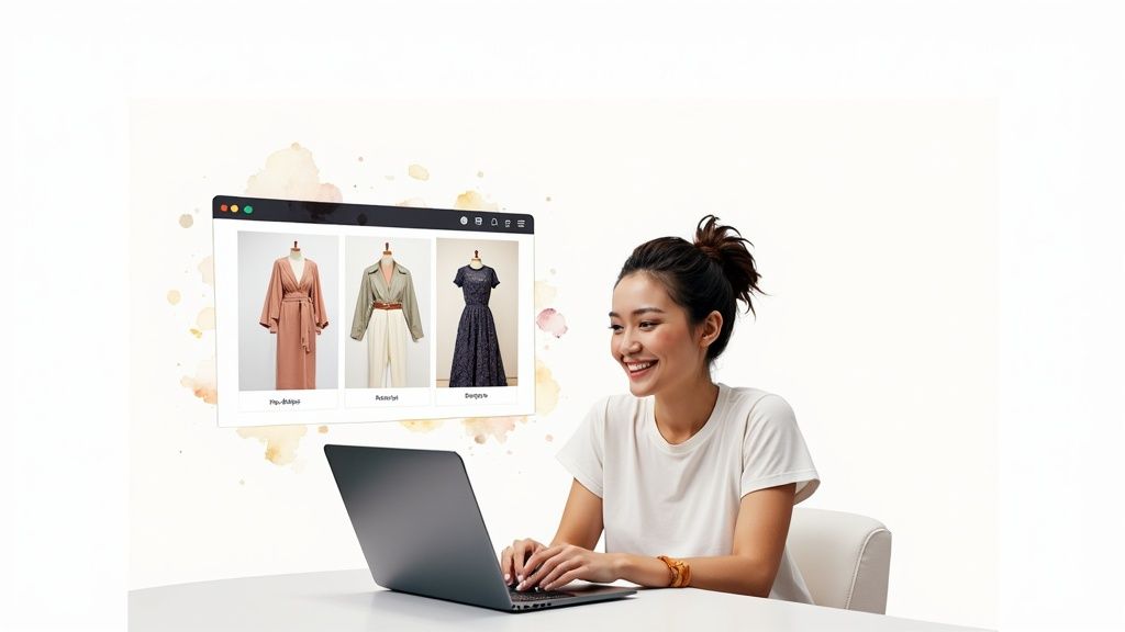 Smiling woman uses a laptop with a virtual fashion stylist interface showing different outfits.