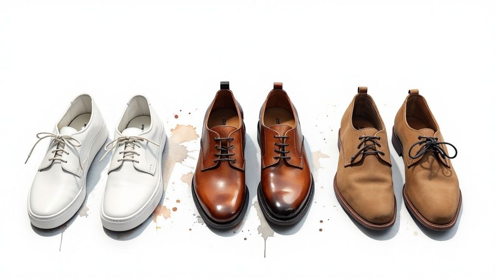 Three pairs of men's dress shoes in white, brown leather, and light brown suede on a white background.