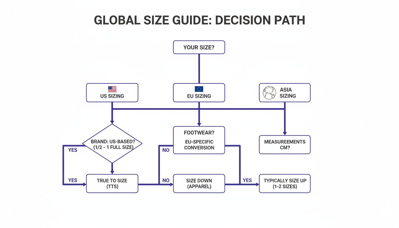 Flowchart outlining a global size guide decision path for US, EU, and Asia sizing recommendations.