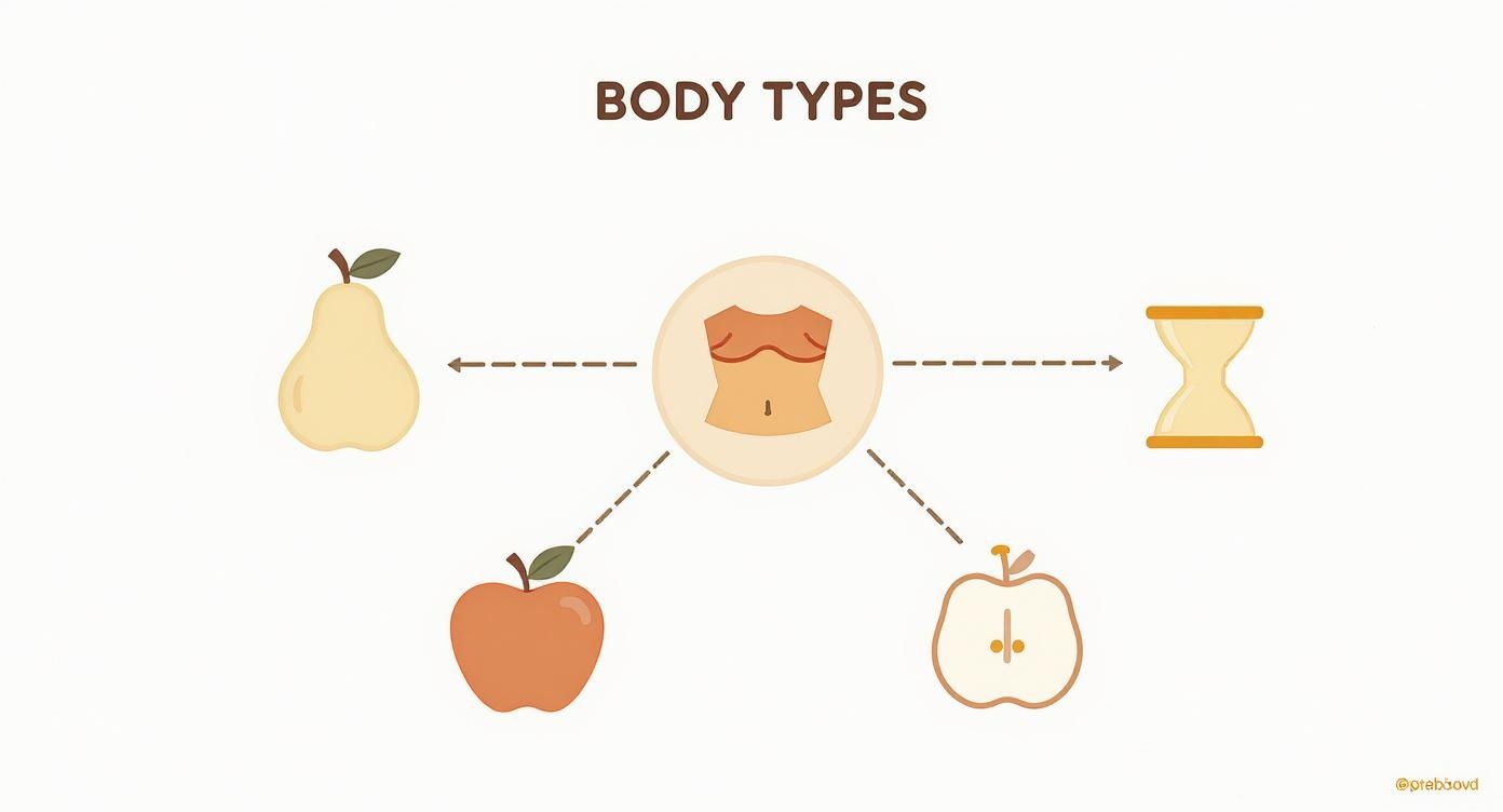 Infographic showing four body types illustrated with fruit shapes: pear, hourglass, apple, and inverted triangle