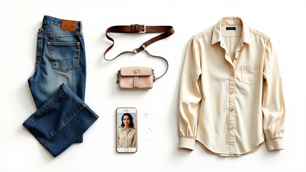 A flat lay of women's fashion items: blue jeans, a beige shirt, a brown belt, a pink bag, and a phone.