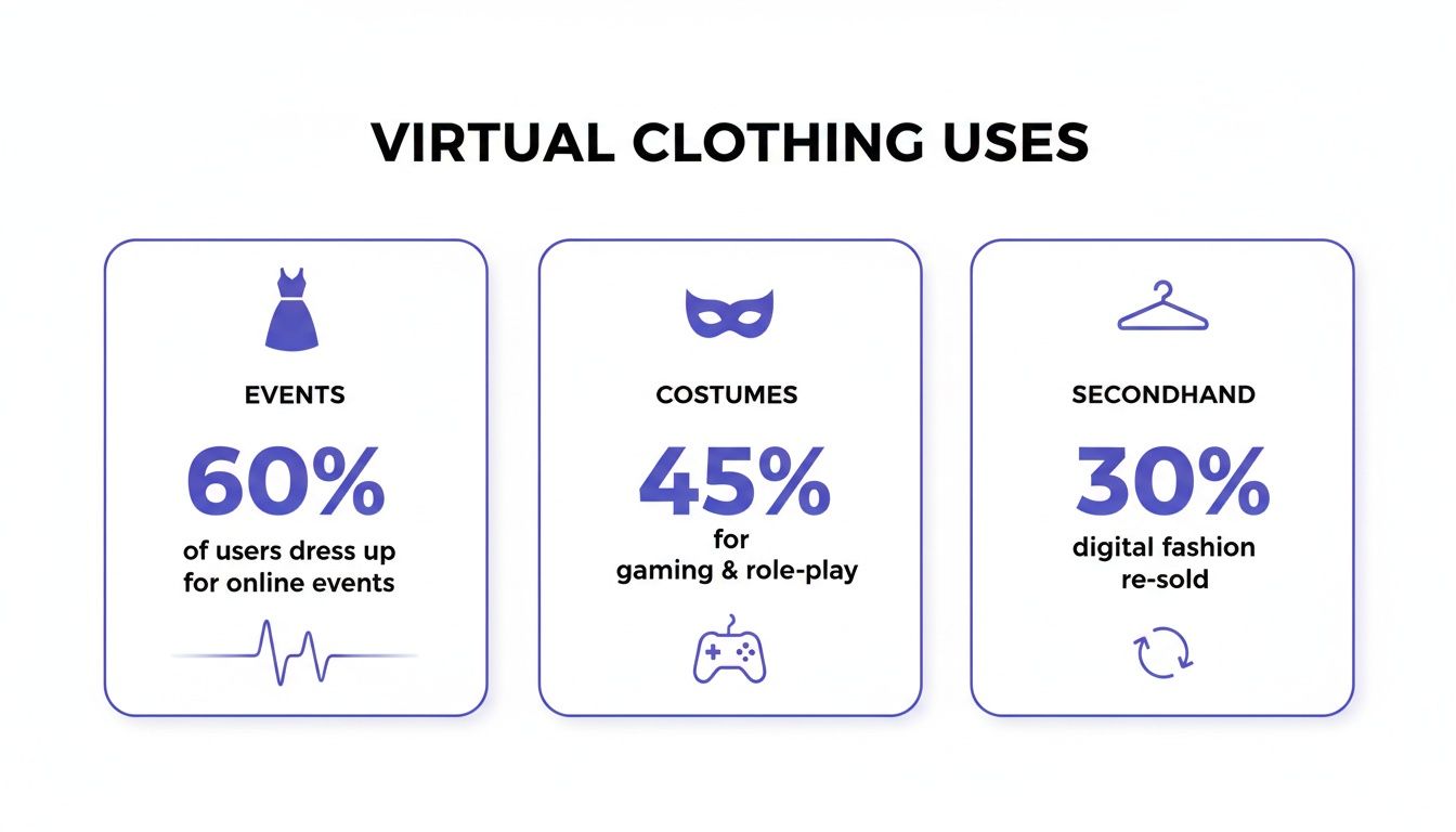 Infographic detailing virtual clothing uses, showing percentages for online events, gaming costumes, and digital fashion re-sold.
