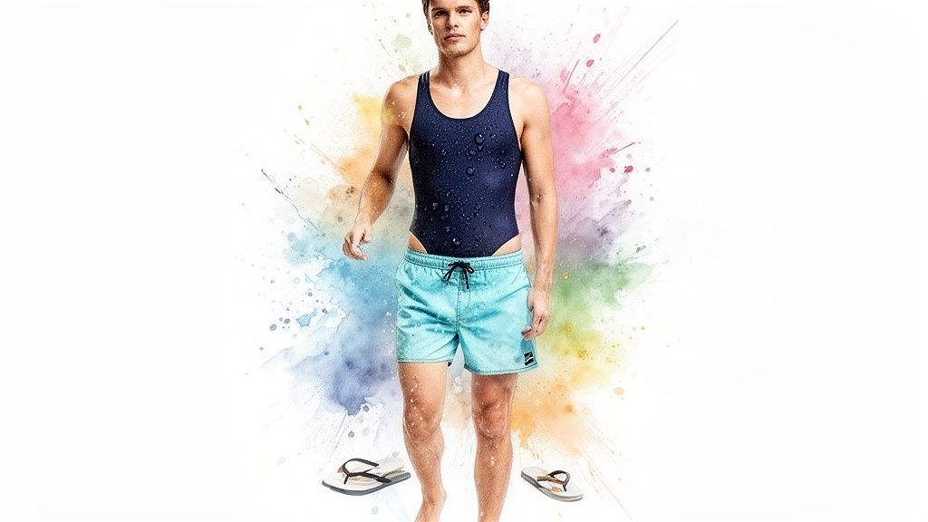 A man in a navy swimsuit and light blue swim shorts, barefoot with flip-flops, against colorful watercolor splashes.
