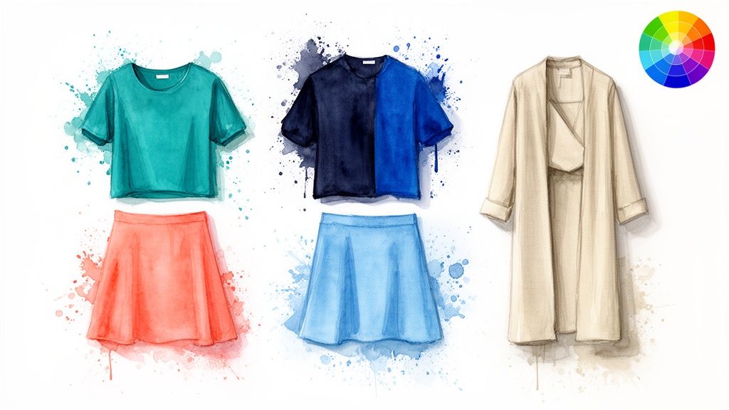 Watercolor fashion illustrations of two colorful outfits, a beige trench coat, and a color wheel.