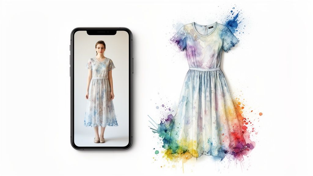 A woman virtually trying on a watercolor-inspired patterned dress on a smartphone, next to a vibrant dress illustration.
