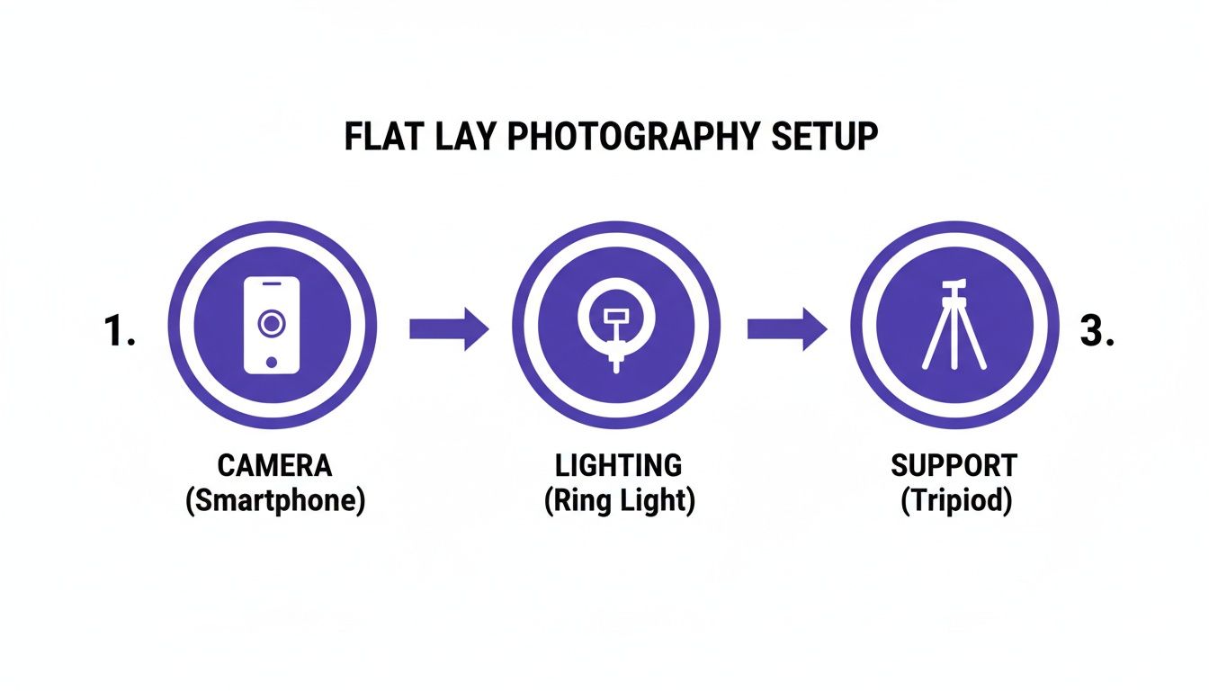 Diagram illustrating a flat lay photography setup with a smartphone, ring light, and tripod.