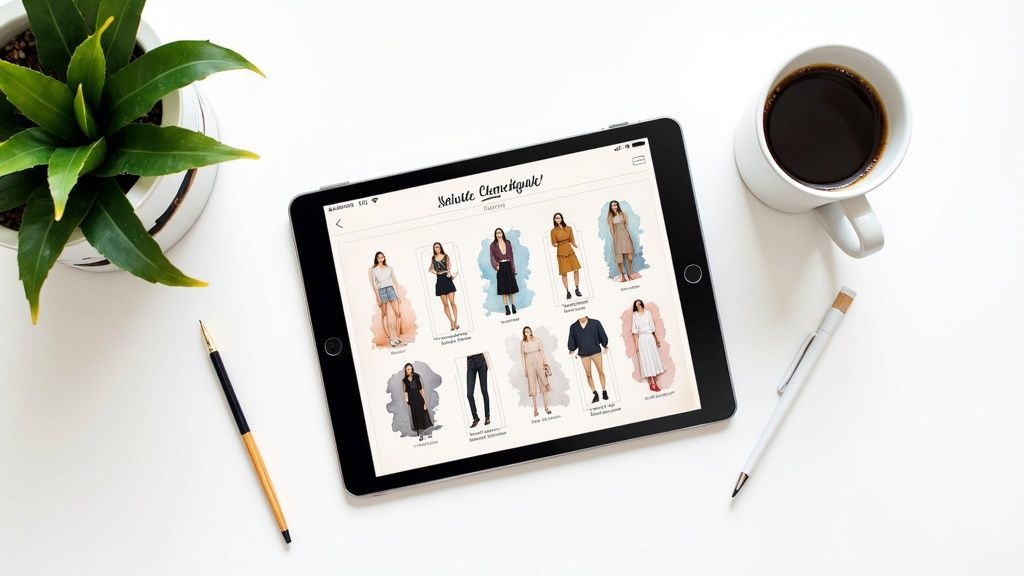 A flat lay of a modern workspace with a tablet displaying a fashion catalog, coffee, and plant.