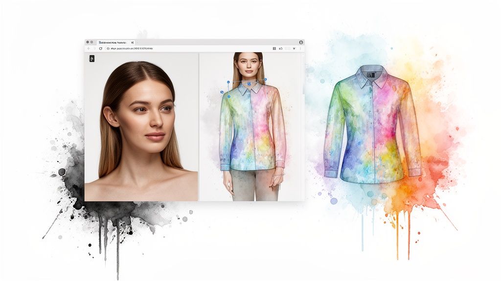 A web browser showing a woman trying on a colorful AI-generated watercolor shirt design.
