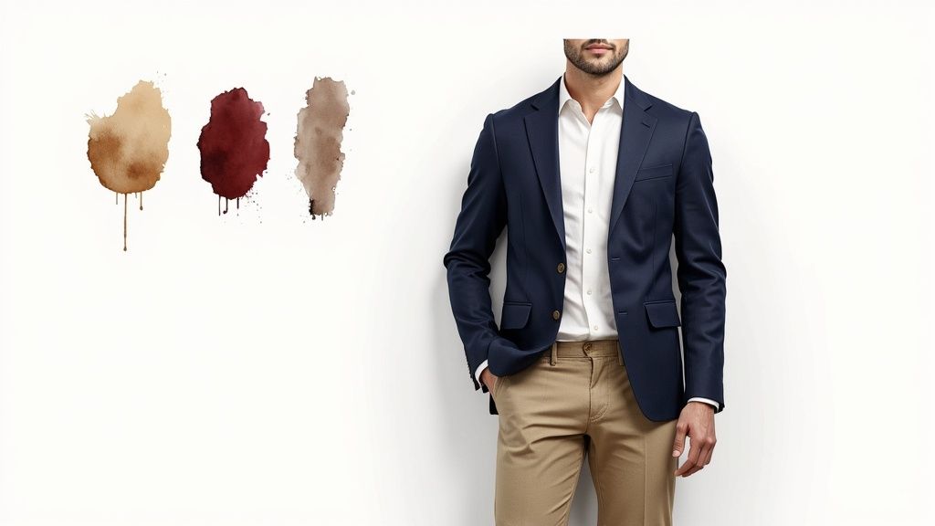 A man in a navy blazer, white shirt, and khaki pants stands next to three watercolor swatches.