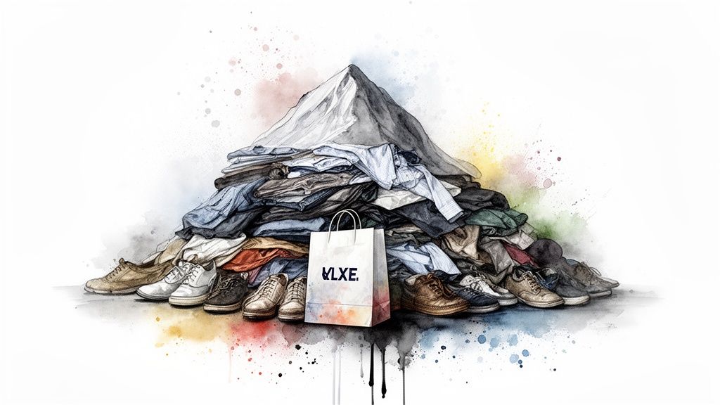 A watercolor illustration of a mountain-like pile of discarded clothes and shoes with a shopping bag, symbolizing fashion waste.
