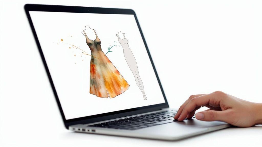 A hand types on a laptop displaying a watercolor fashion sketch of a flowing dress and a mannequin outline.