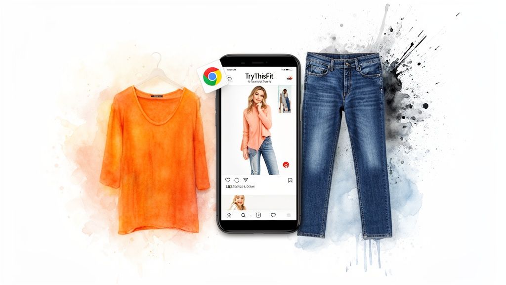 An orange shirt, a smartphone displaying a virtual try-on app, and blue jeans.