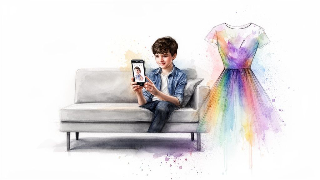 A boy on a couch holds a smartphone showing a woman, next to a vibrant watercolor fashion design.