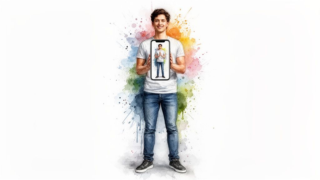 Smiling man holds a smartphone, displaying a smaller image of himself against colorful watercolor splashes.
