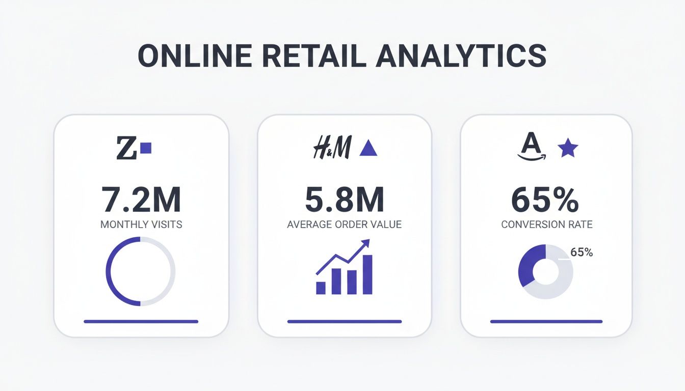 A dashboard displaying online retail analytics for Z, H&M, and Amazon, featuring monthly visits, average order value, and conversion rate.